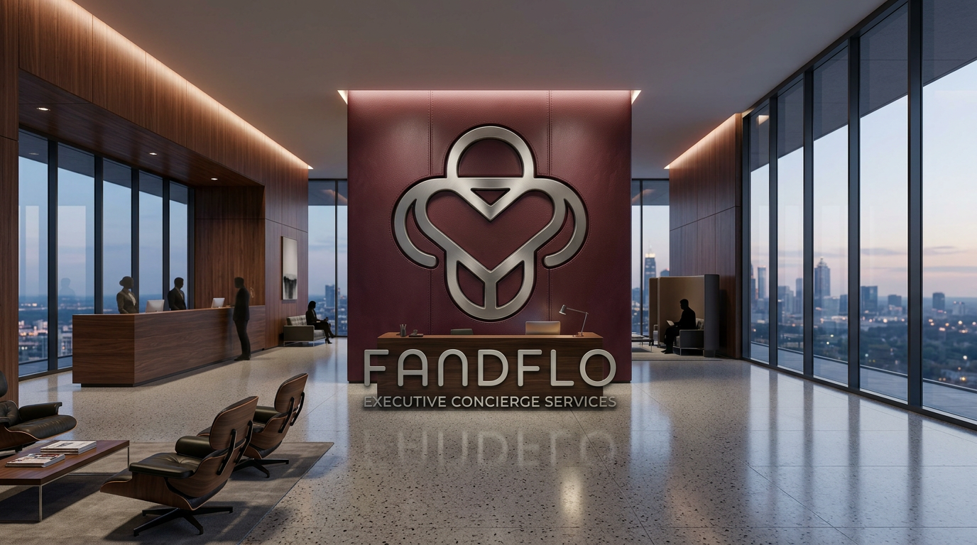 FANDFLO executive lobby with a silver emblem on a burgundy leather wall, opening onto a wide walnut and glass office
